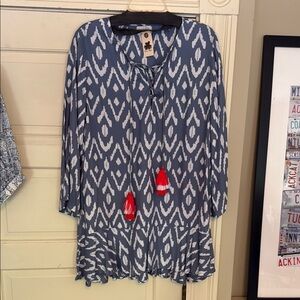 Blue and White Patterned Dress with Red Accents